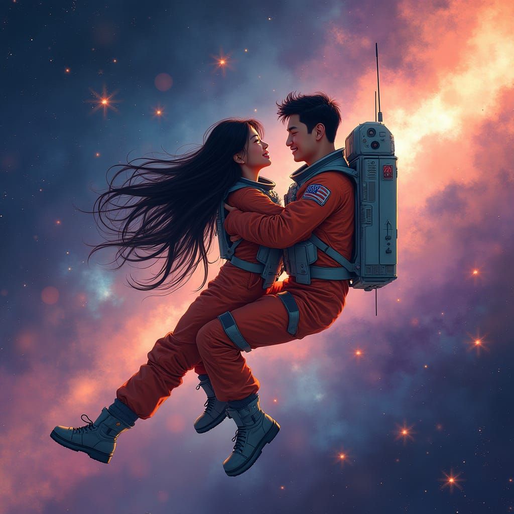 Asian Couple's Interstellar Flight: A Sci-Fi Embrace