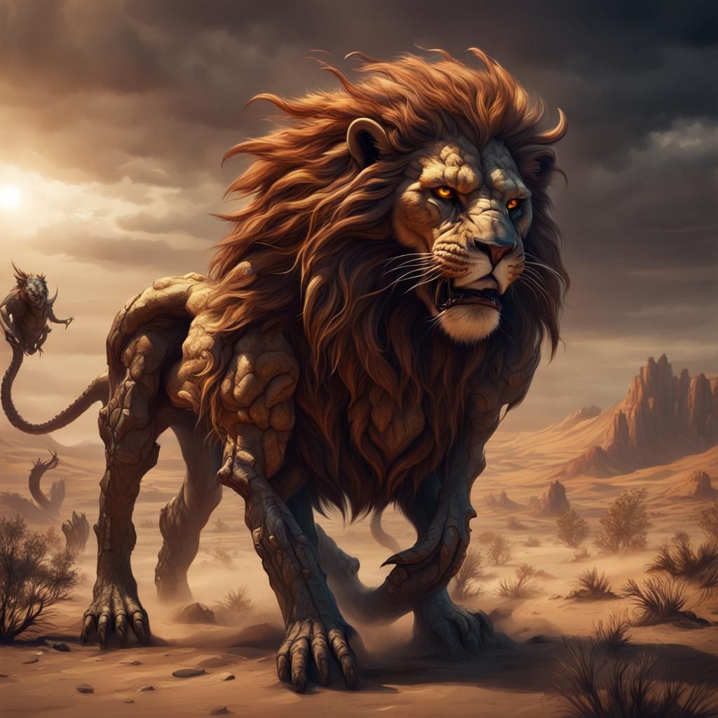 Lion-Scorpion Hybrid in Dark Desert: Fantasy Concept Art