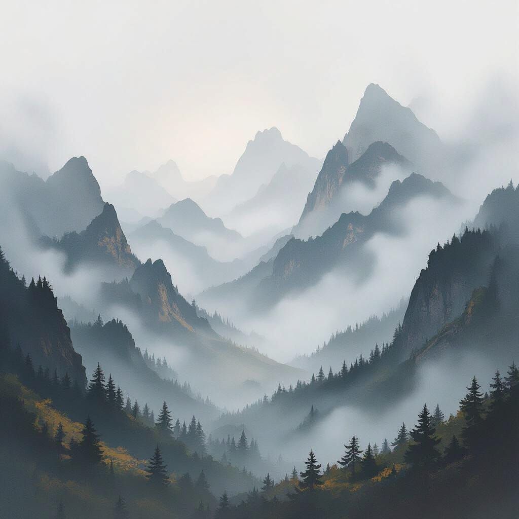 Ethereal Misty Mountains in Dreamy Watercolor Style