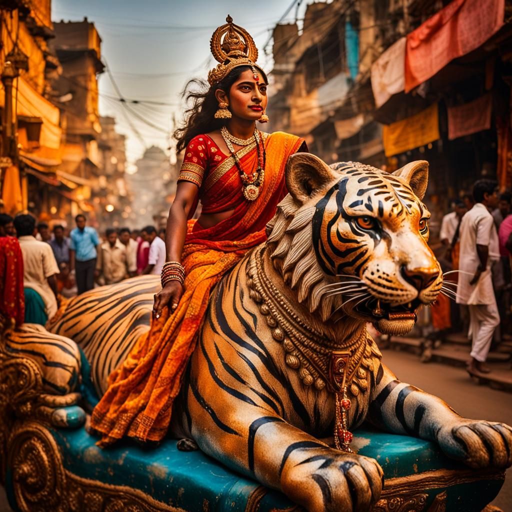 Surrealistic Goddess on Tiger in Varanasi Streetscape