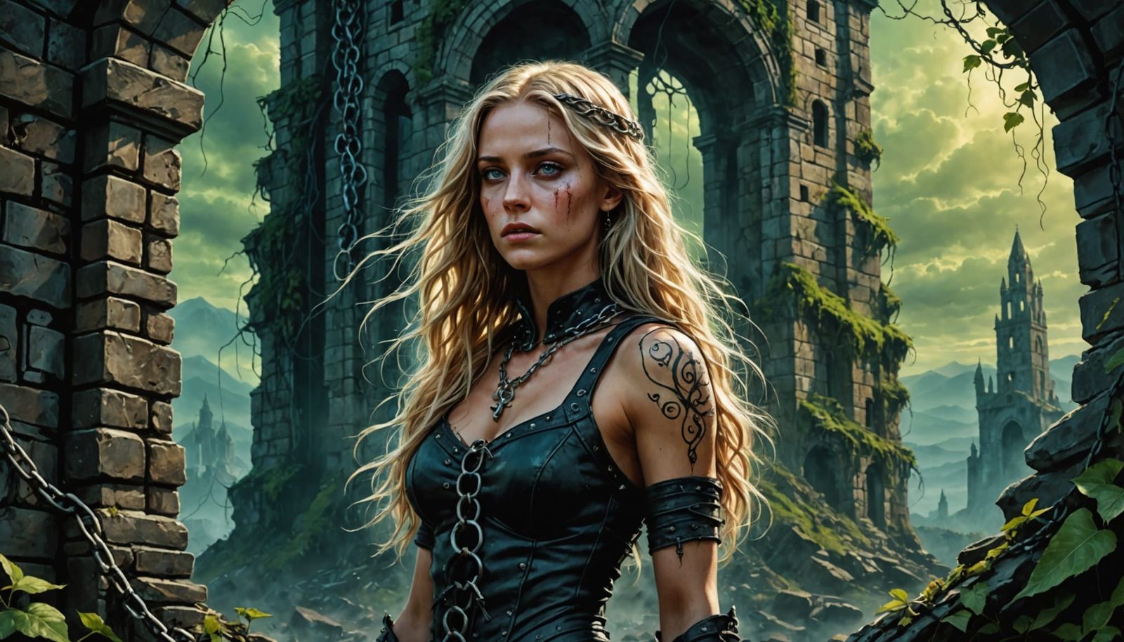 Visceral Beauty: Woman in Chains on Ruined Tower