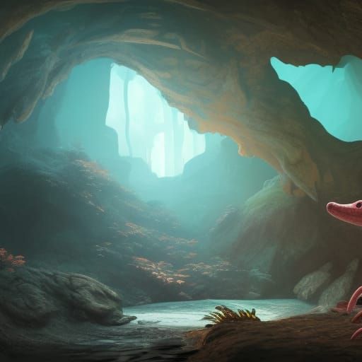 Fantastical Axolotl in Deep Color Cave