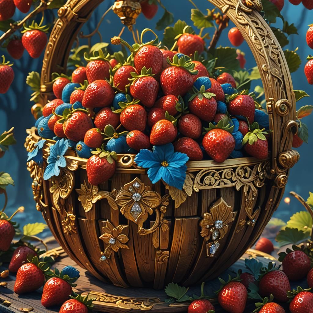 Strawberries in Golden Basket Fantasy Art