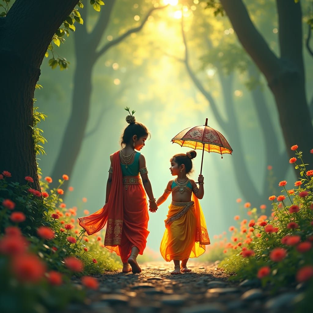 Radha and Krishna in Enchanted Forest, Digital Matte Paintin...