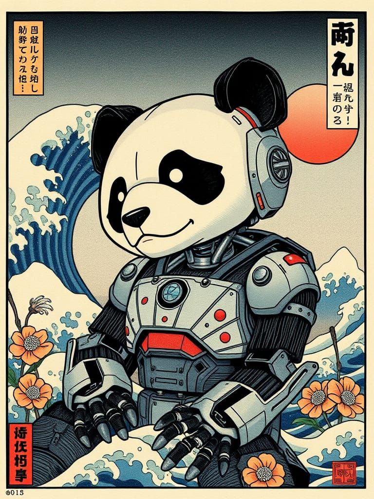 Surreal Robot Panda in Ukiyo-e Style