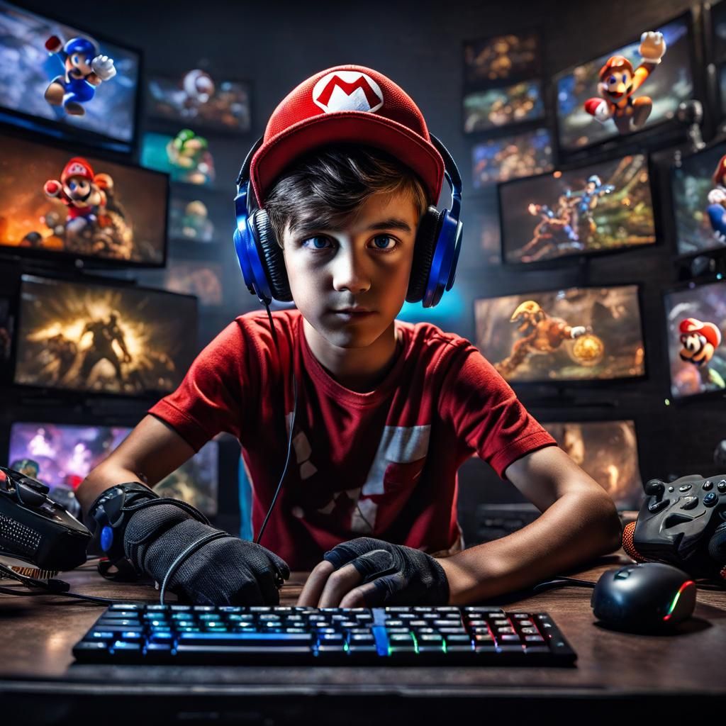 Boy Gamer Surrounded by Game Characters