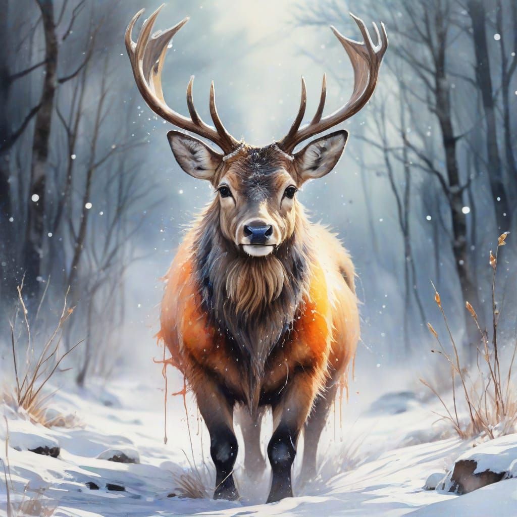 "[adorable winter animal] depicted in a vibrant, splashy watercolour style; fluid colours blending organically; soft edg...