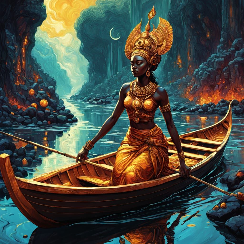 Goddess Oshun in a boat on a river
