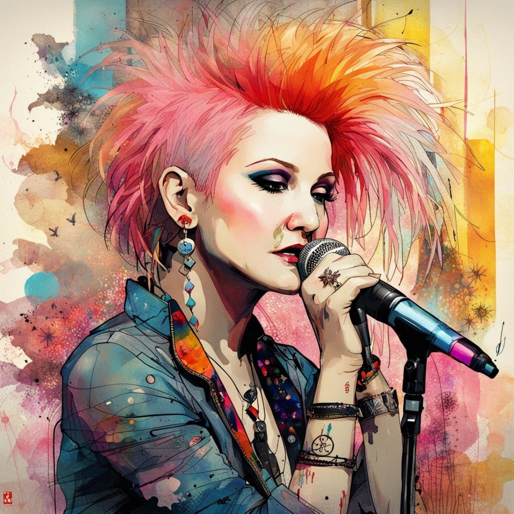 Singer Portrait in 80's Fashion, Colorful Ink Art