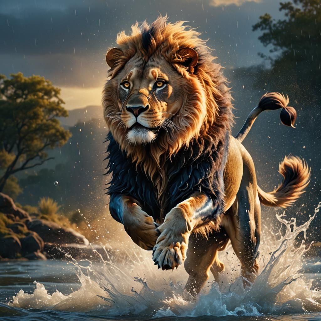 Glowing Lion Leaps: Detailed Fantasy Concept Art