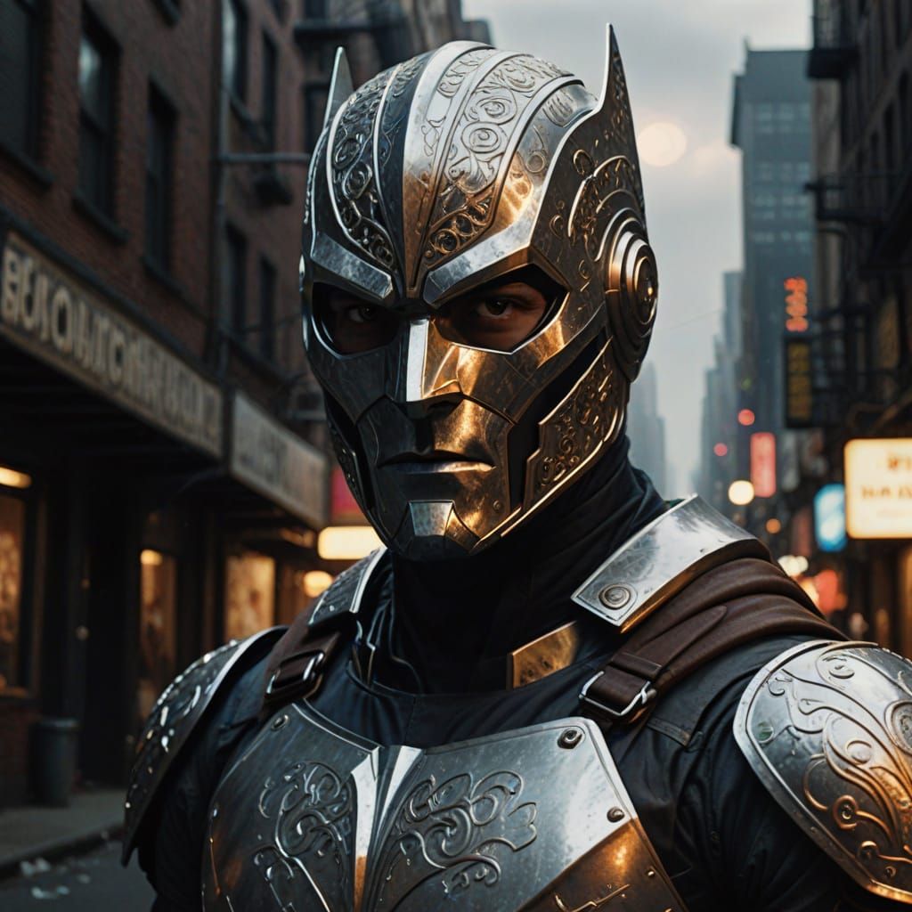 Vigilante Superhero Posing in Detailed Silver Armor