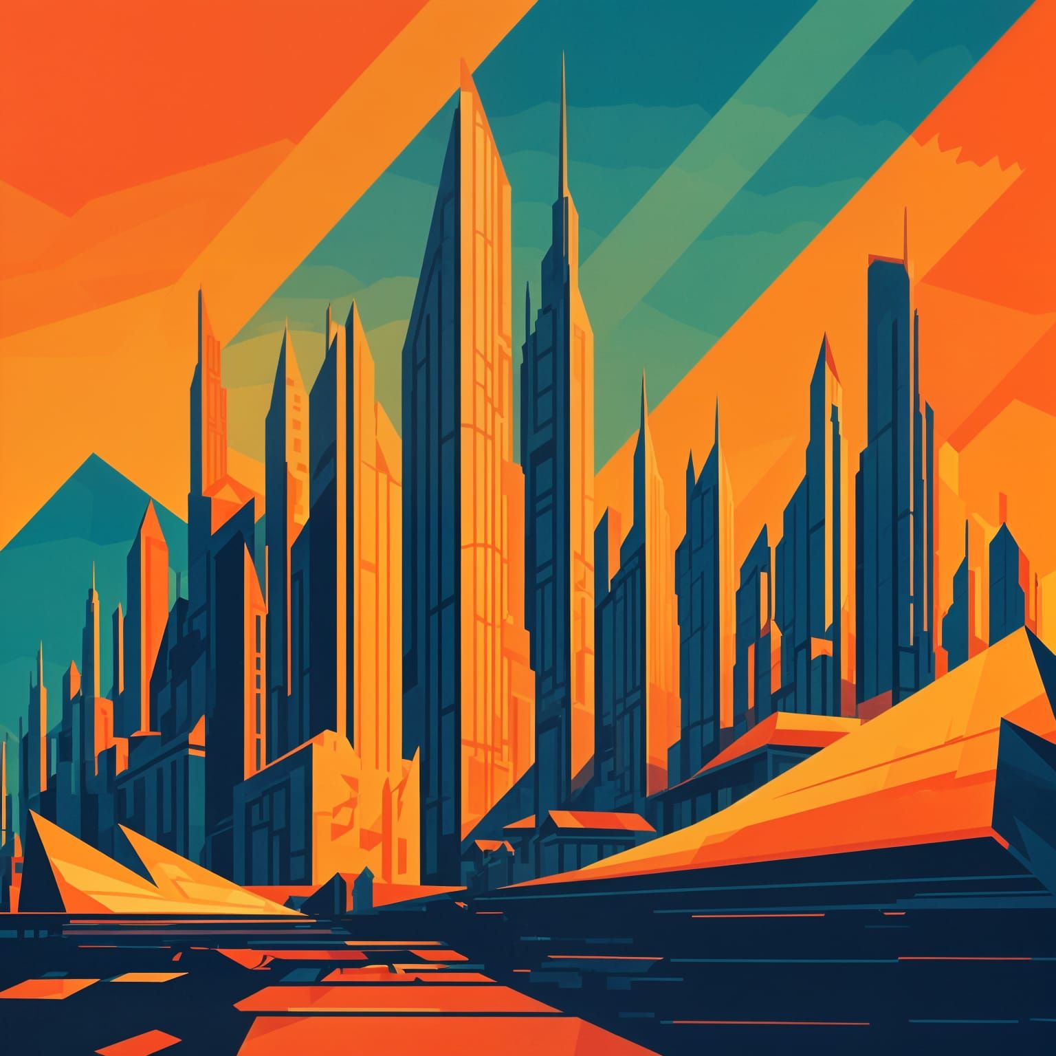 Abstract Minimalist Cityscape with Dynamic Light and Shadow