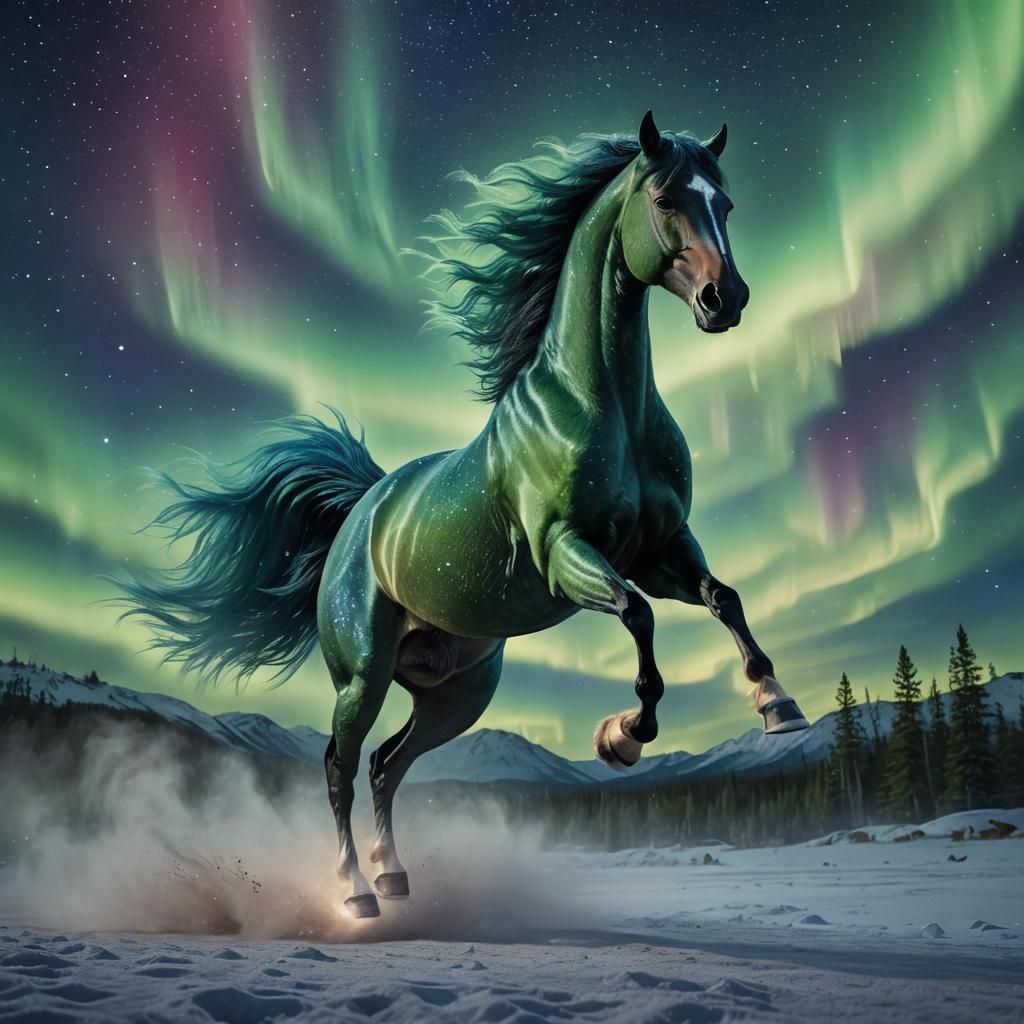 Horse Galloping Under Aurora Borealis