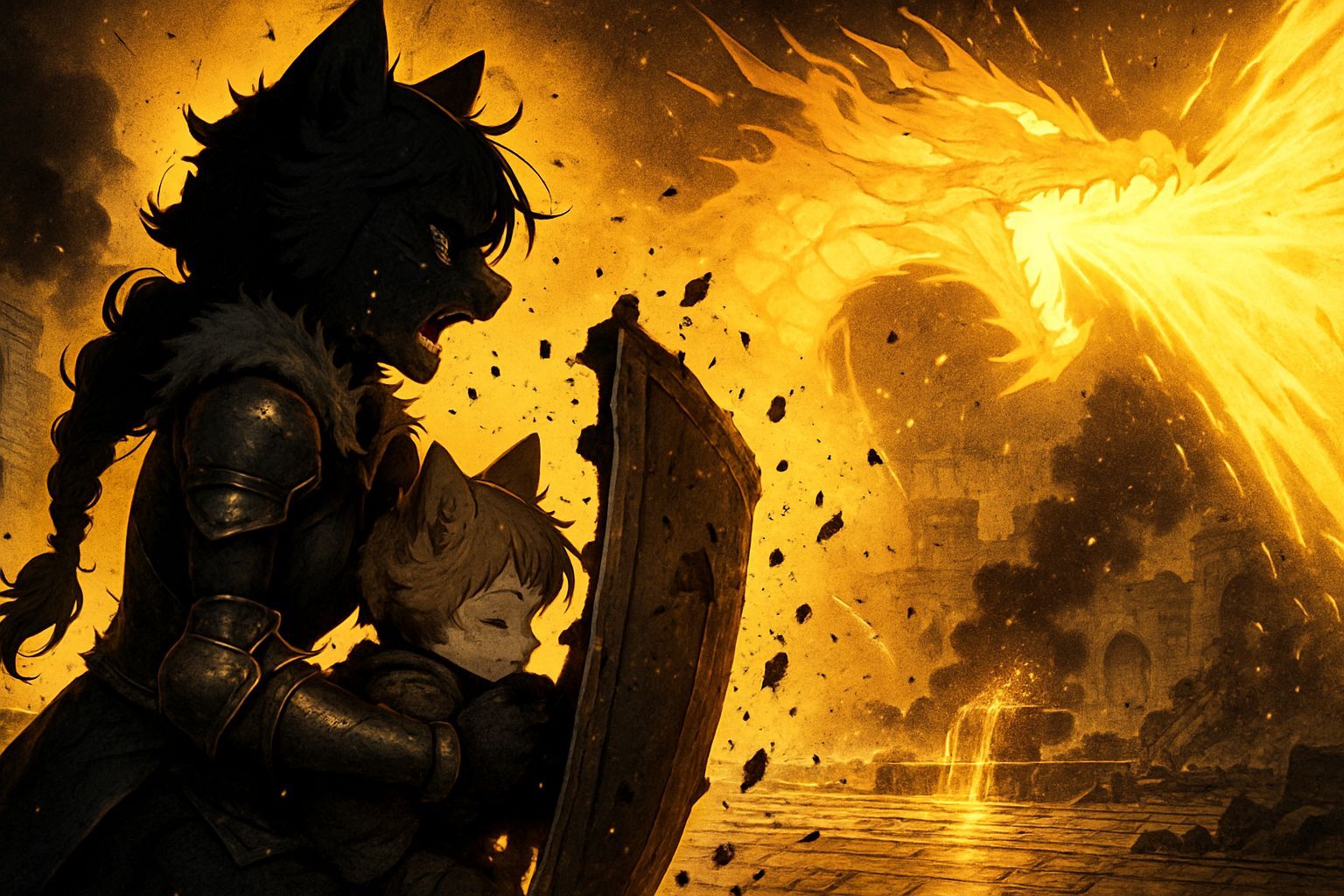 Anime Cat Warrior Shielding Fox Child