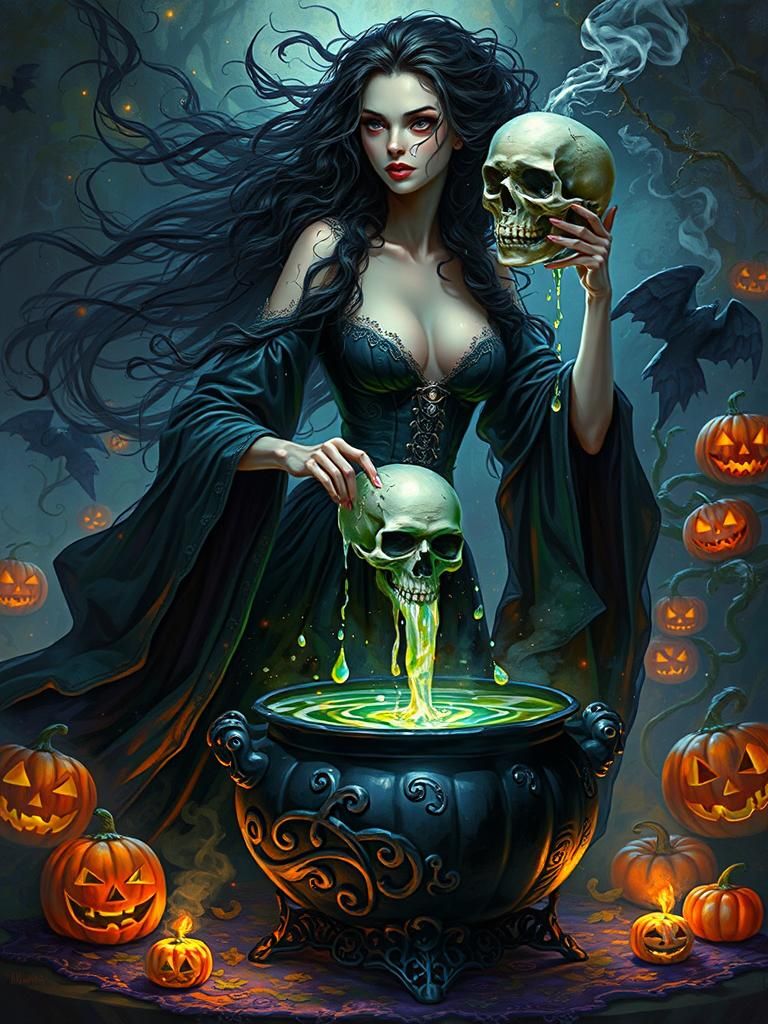 Ethereal Witch Brews Potion in Cauldron