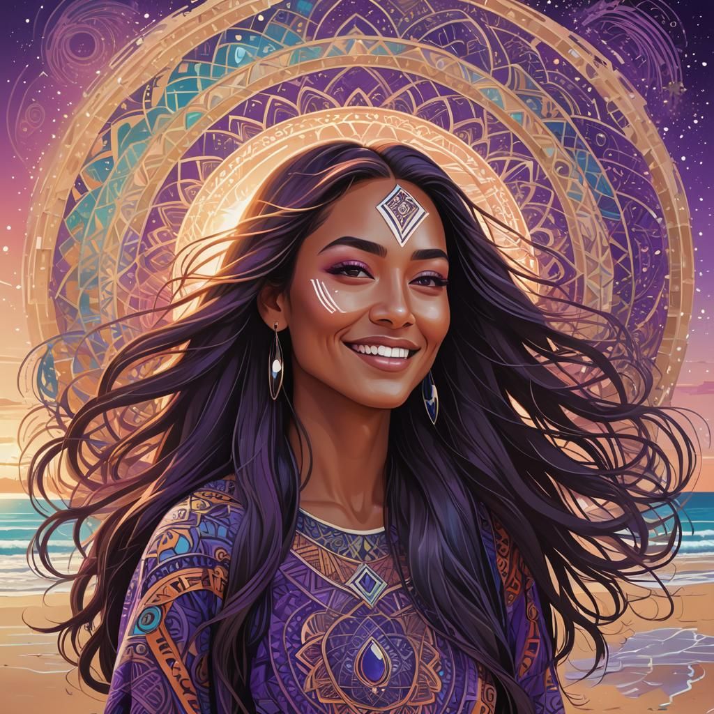 Maori Woman on Beach with Kaleidoscopic Sky