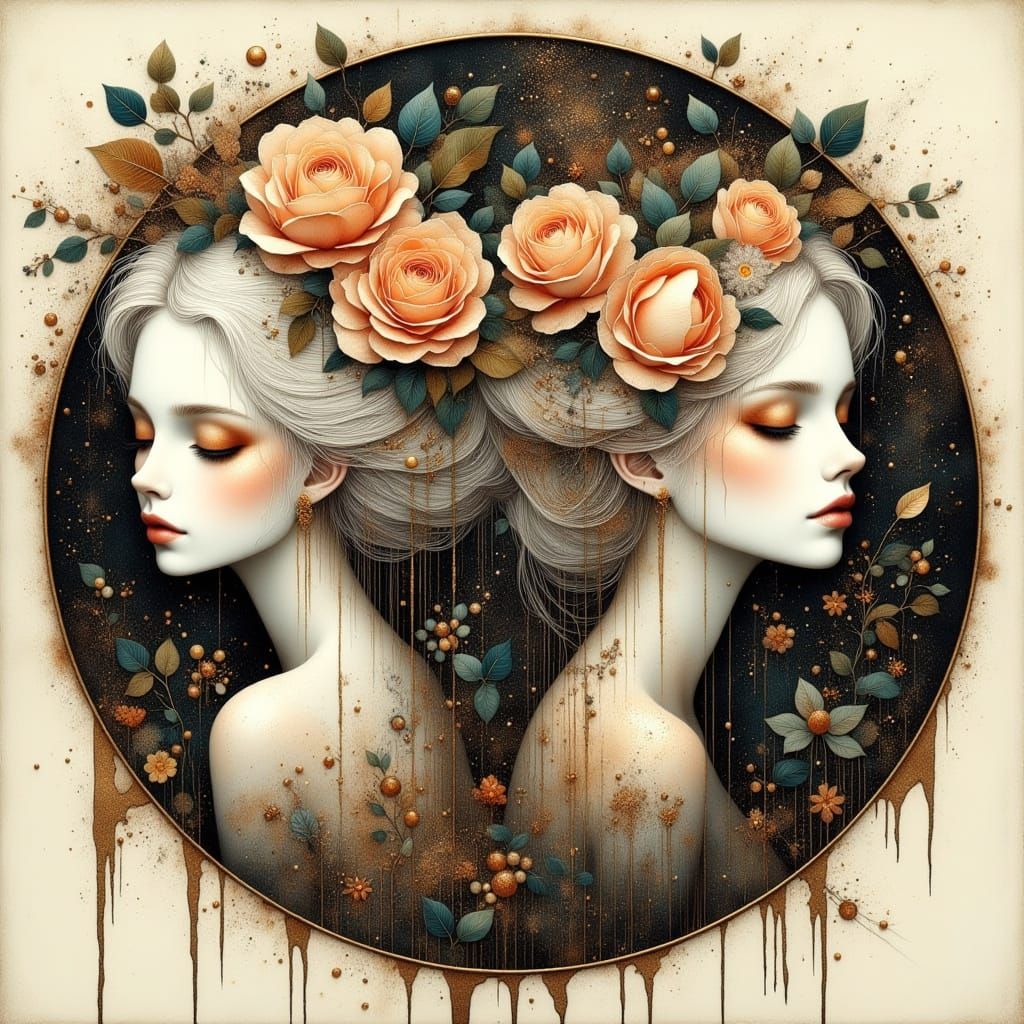Albino Woman Portrait with Roses in Art Nouveau Style