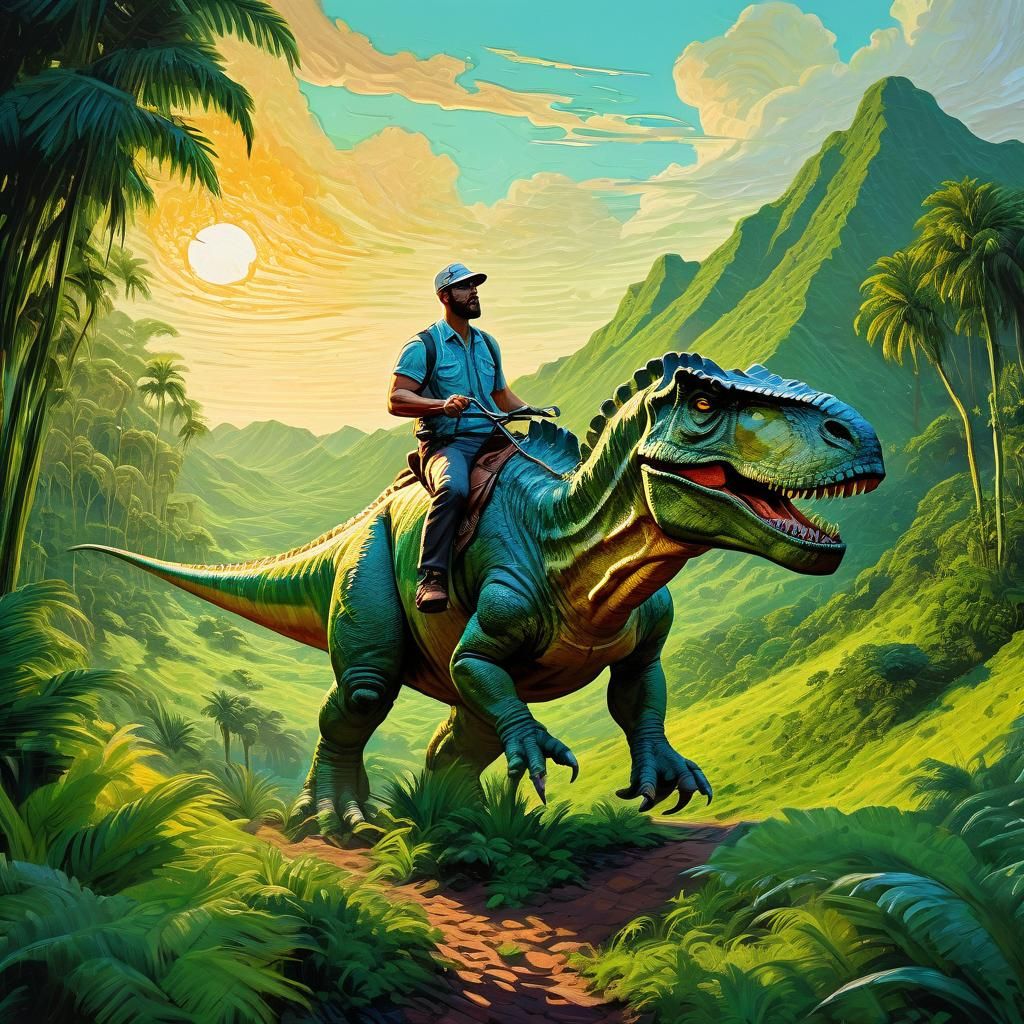 Dinosaur Rider in Expressionist Gouache Painting