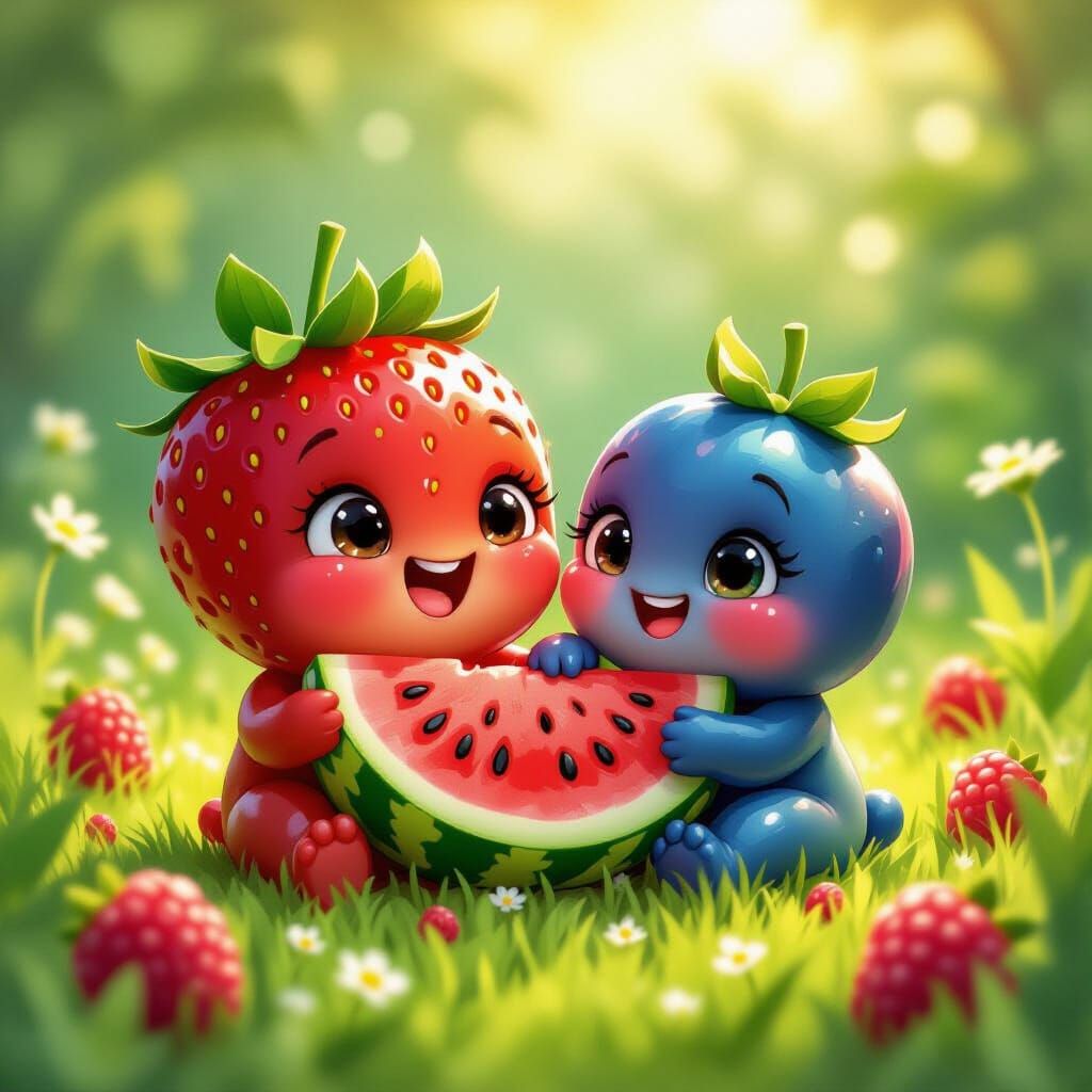 Adorable Baby Fruits in Candy Meadow, Pixar Style