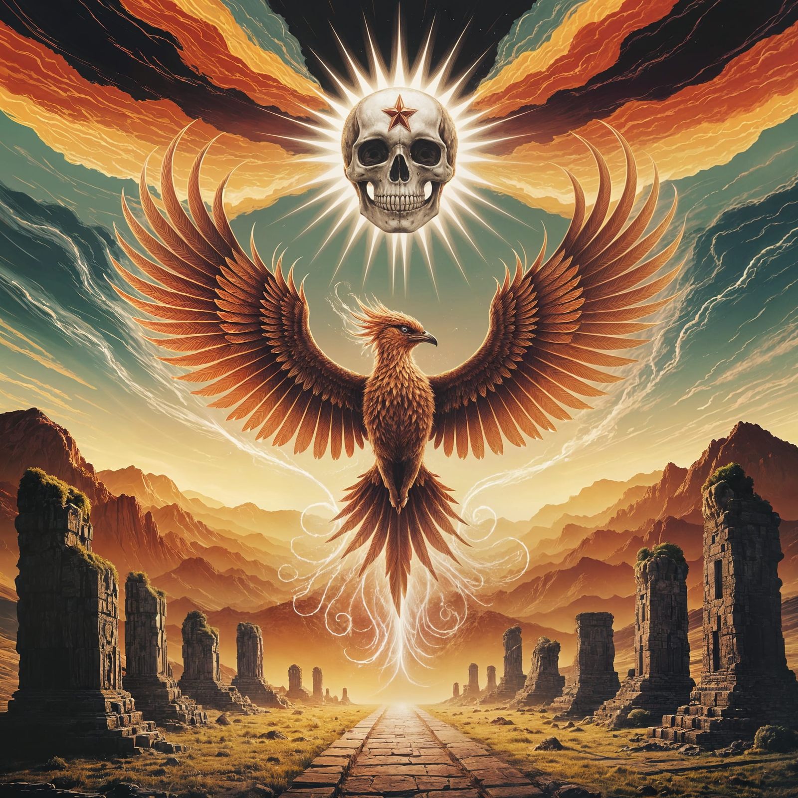 Phoenix Soars Under Star Skull Sun in Vintage Photo