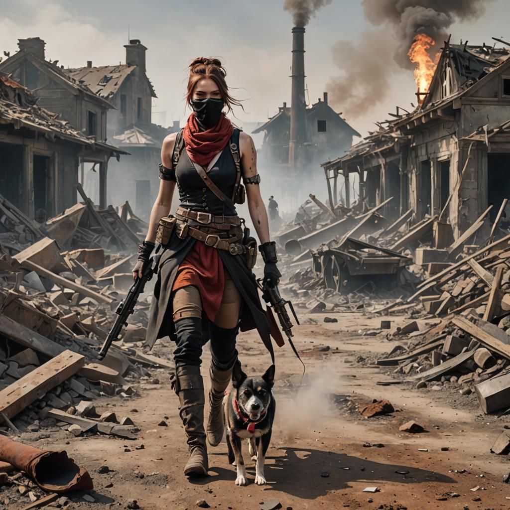 Steampunk Girl and Dog in Ruined Village