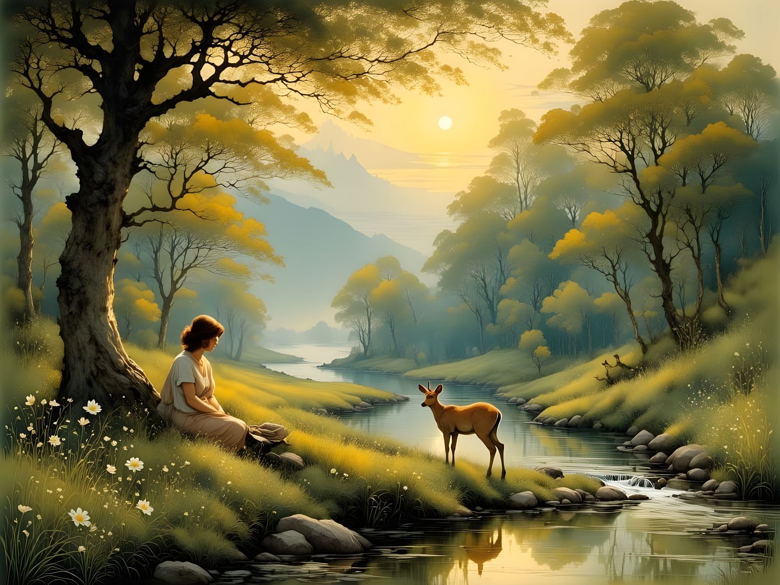 Romantic Landscape with Deer and River