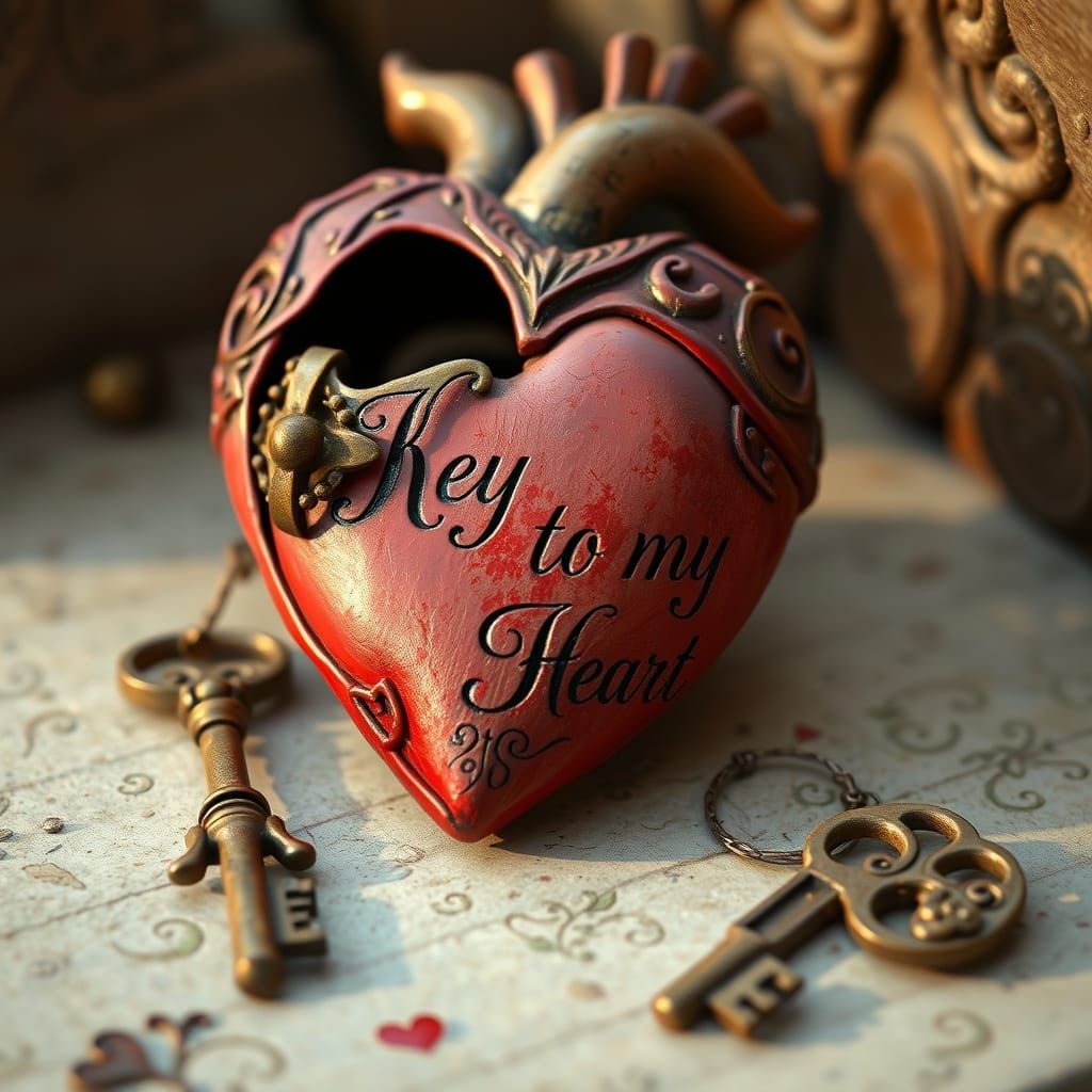 Ornate Heart with Skeleton Key in Matte Painting Style