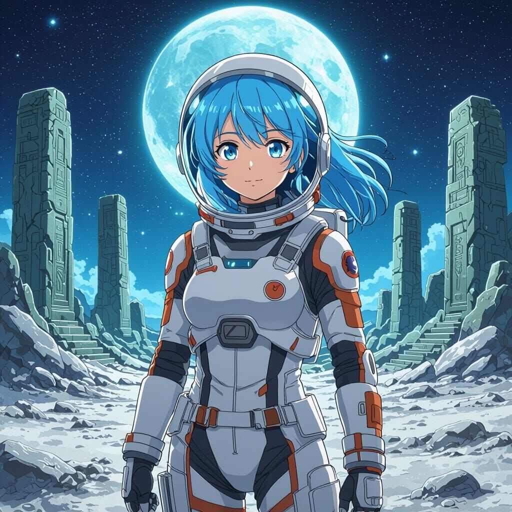 Astronaut in Anime Style on Moon Ruins