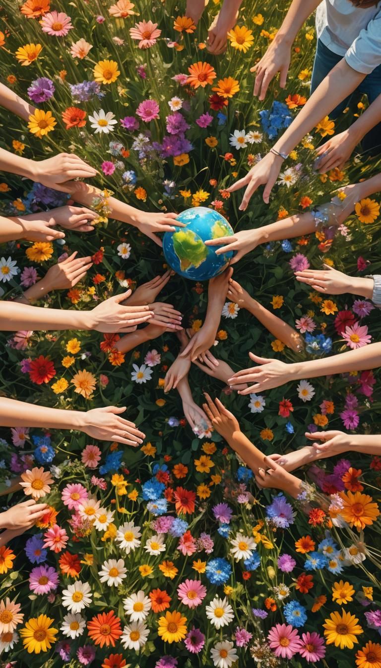 Hands Encircling Earth in Abstract Floral Art