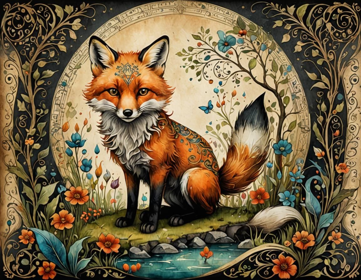 Magical Fox Fairytale Illustration on Parchment