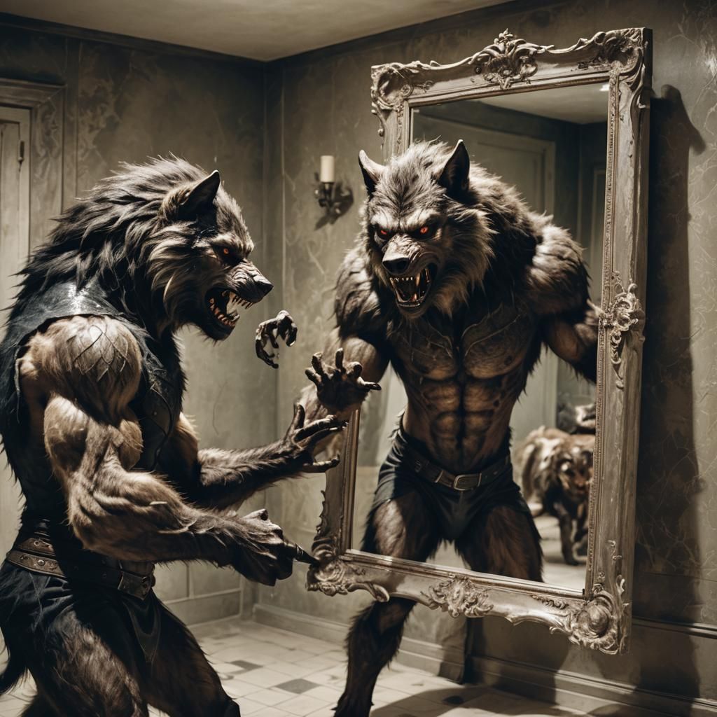 Werewolf Confronts Inner Beast in Mirror