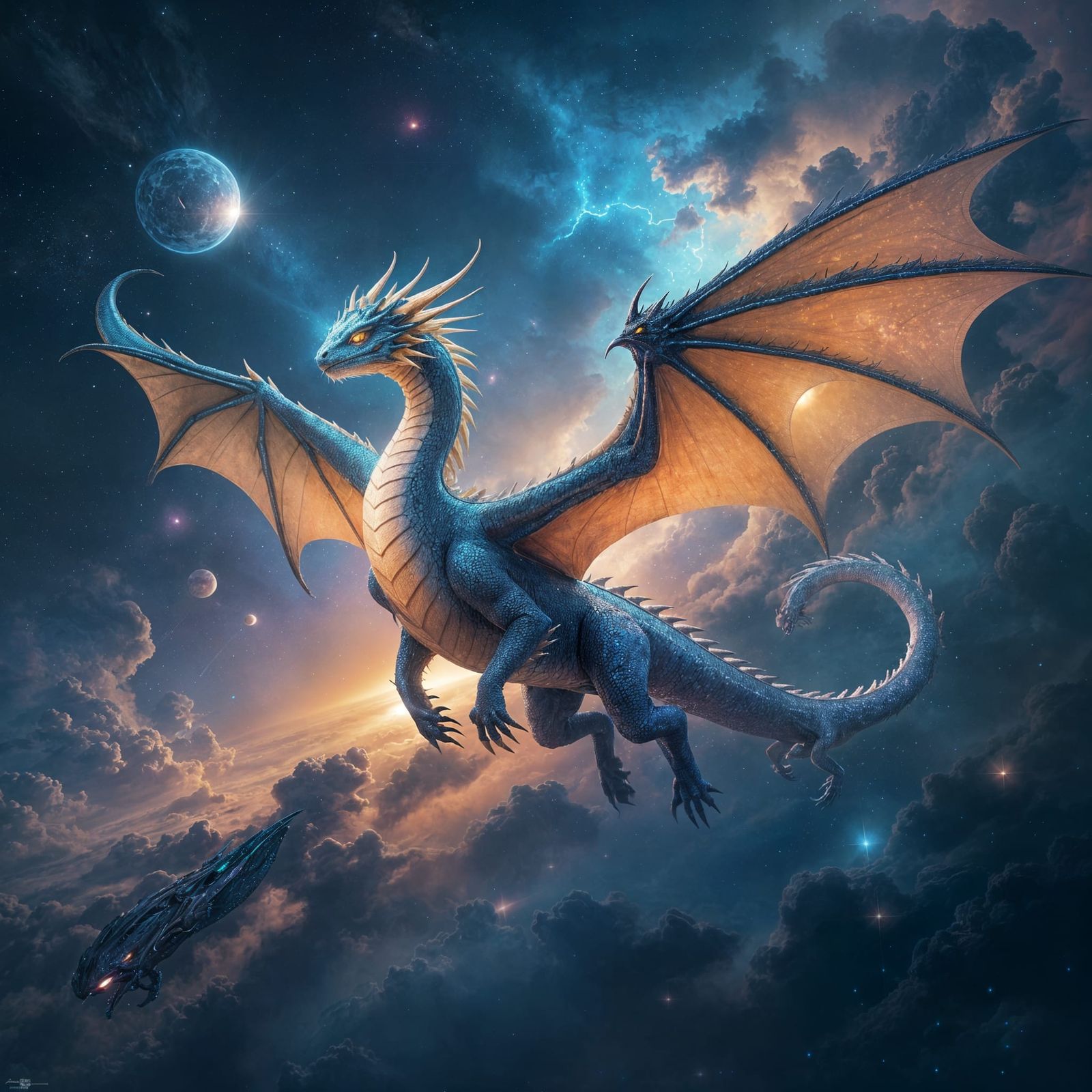 Bioluminescent Dragon Soars Through Cosmic Nebula