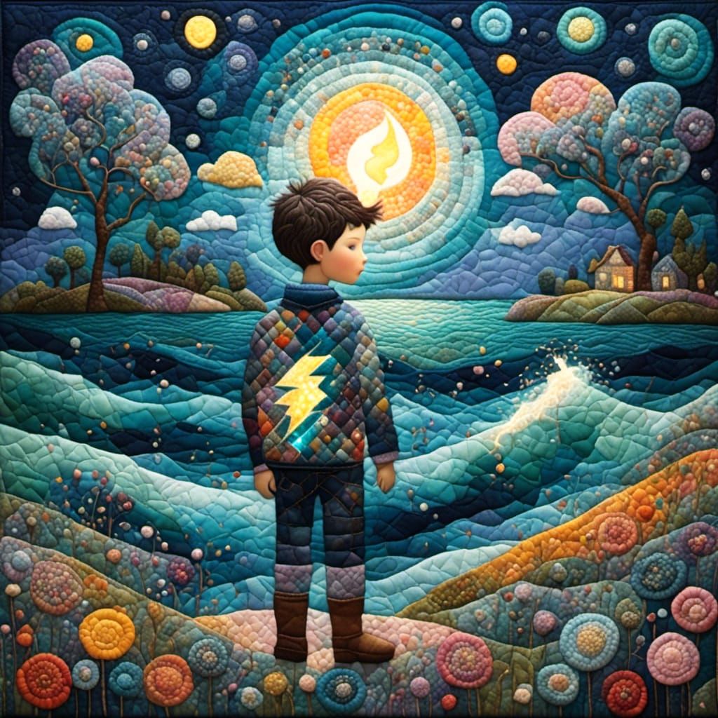 Boy Holds Lightning Bolt at Stormy Sea Edge