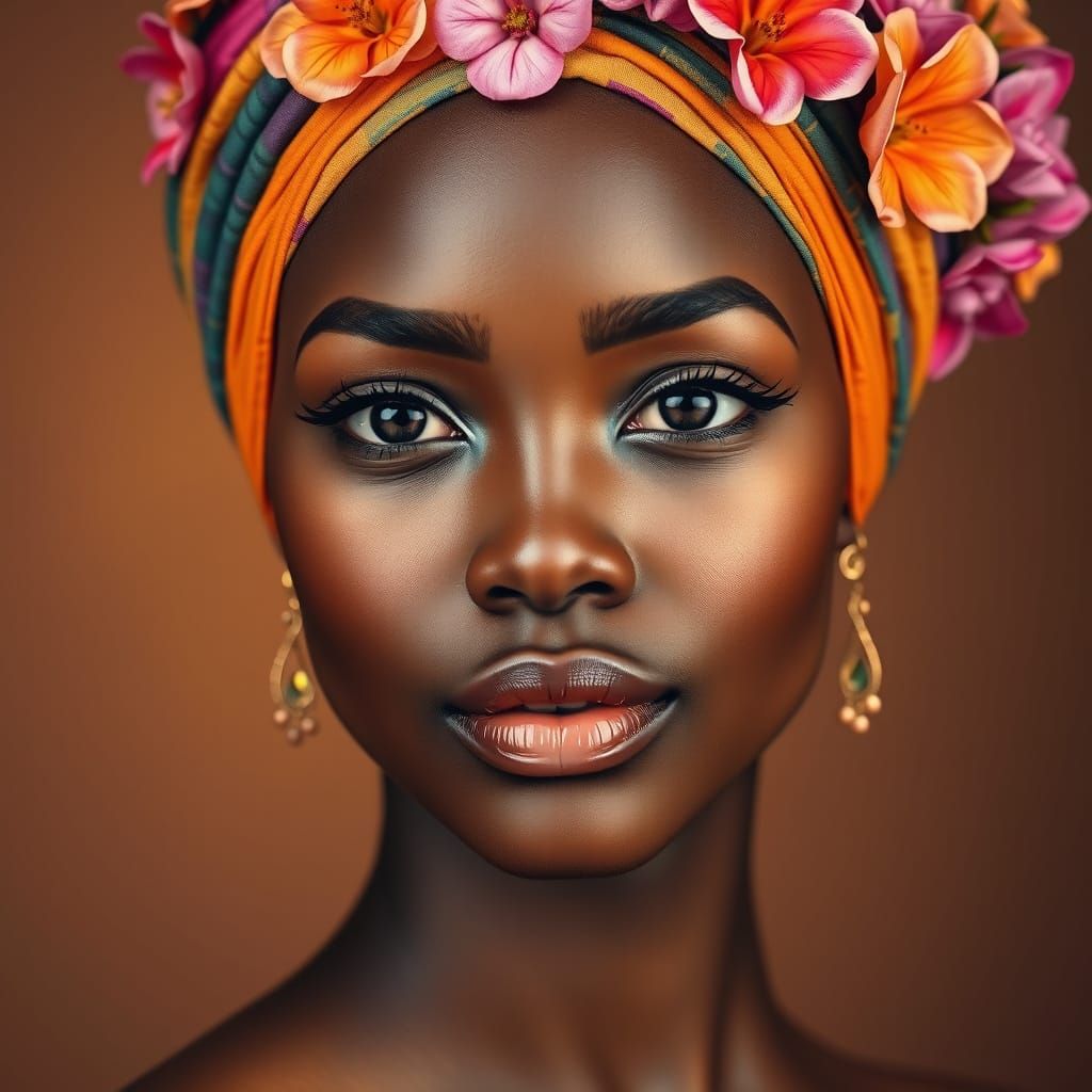 Elegant Woman in Vibrant Headwrap, Hyperrealistic Portrait