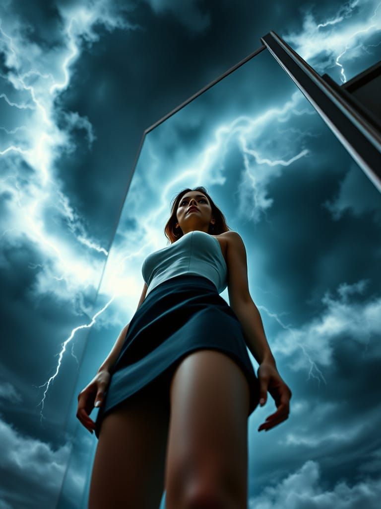 Confident Woman Dominates Stormy Sky in Moody Fashion Portra...