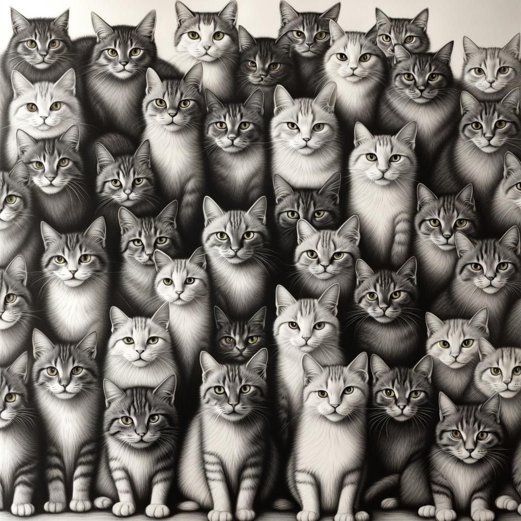 Hyperdetailed Charcoal Drawing of Numerous Cats