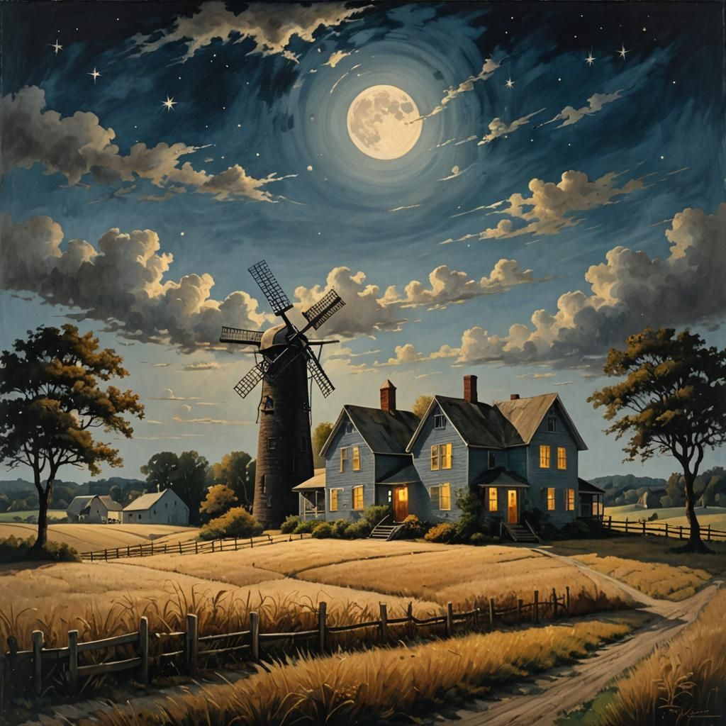 Harvest Moon Over Rural Landscape in Folk Art Style