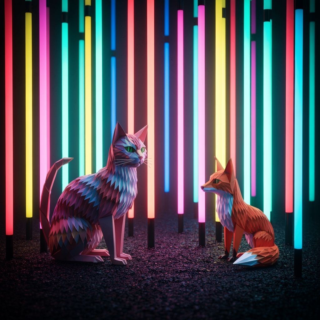 Origami Animals in Neon Forest