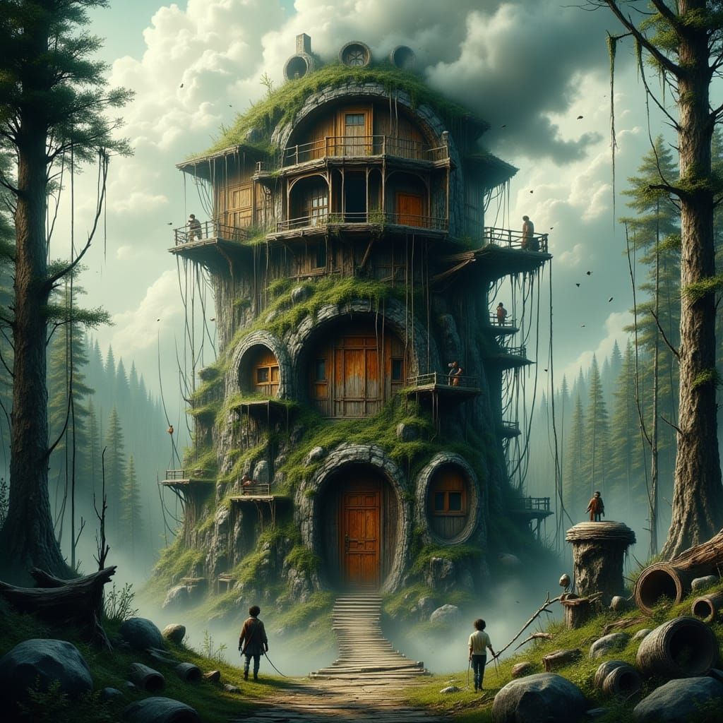 Whimsical Tower in Misty Forest, Digital Art
