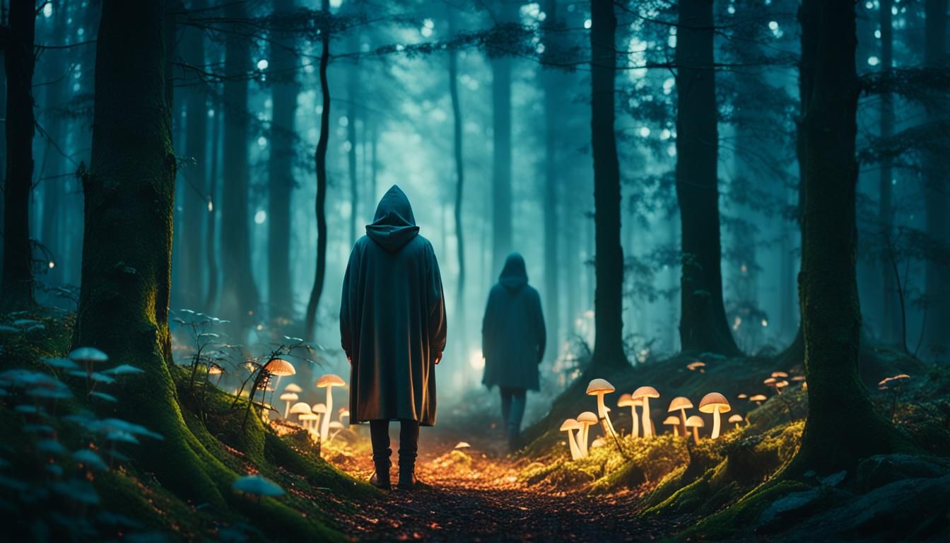 Ethereal Hooded Figure in Misty Golden Forest