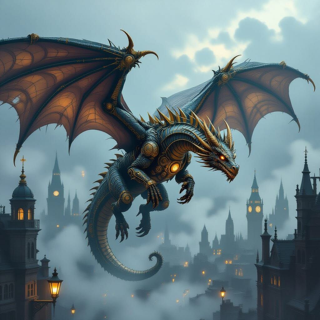 Steampunk Dragon Over Foggy Victorian Cityscape