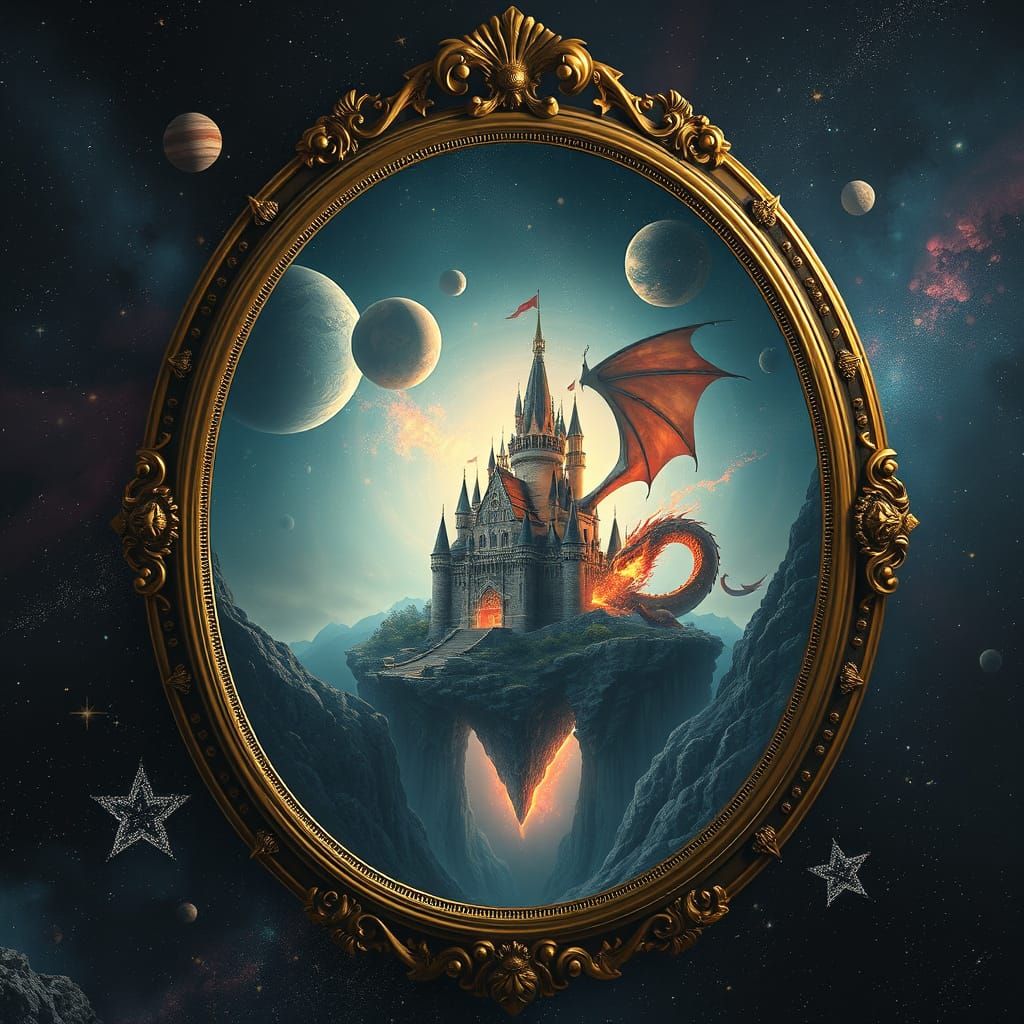 Fantasy Dragon Castle Reflected in Space Mirror