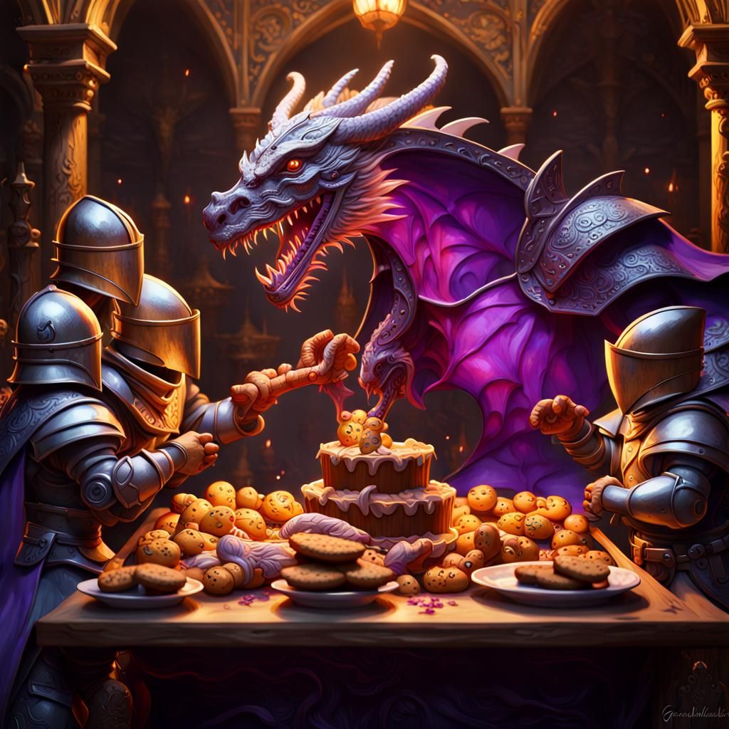 Dragon Devours Gingerbread Knights: Dark Fantasy Art