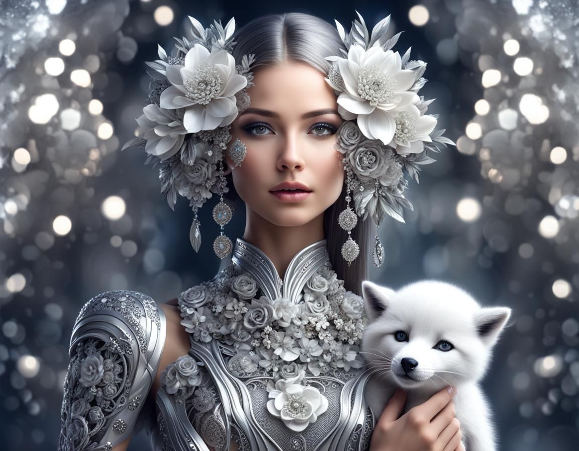 Futuristic Cyborg Woman with Silver Fox, Hyperdetailed Digit...