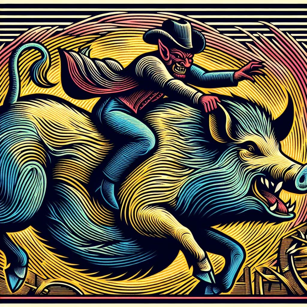 Scratchboard of The Devil Riding A Fat Wild Boar at the Rode...