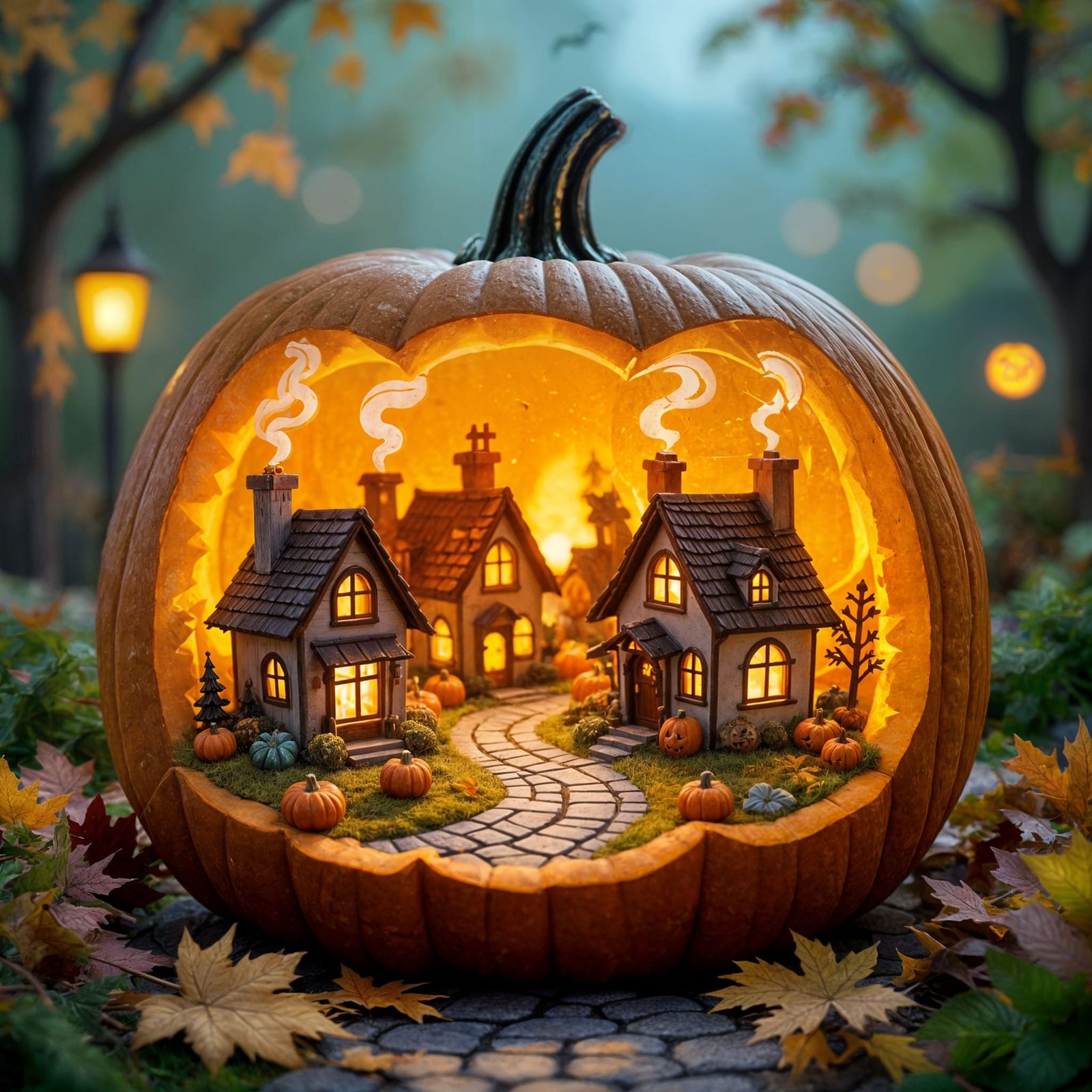 Tiny Autumn Village Inside Halloween Jack O Lantern
