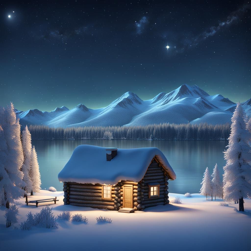 Winter Night Cabin Scene in 3D