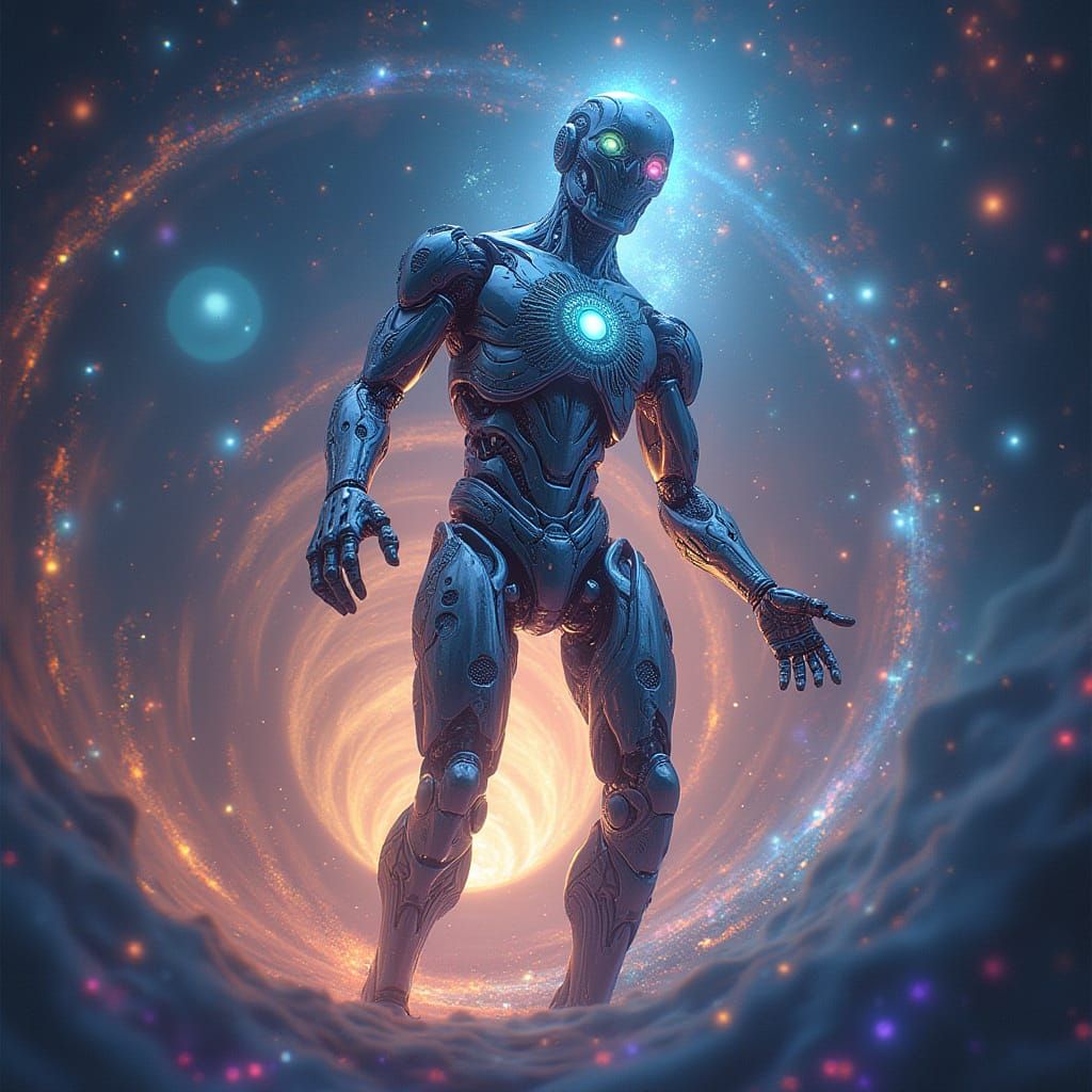 Ethereal Robot Emerges from Cosmic Vortex in Shimmering Irid...