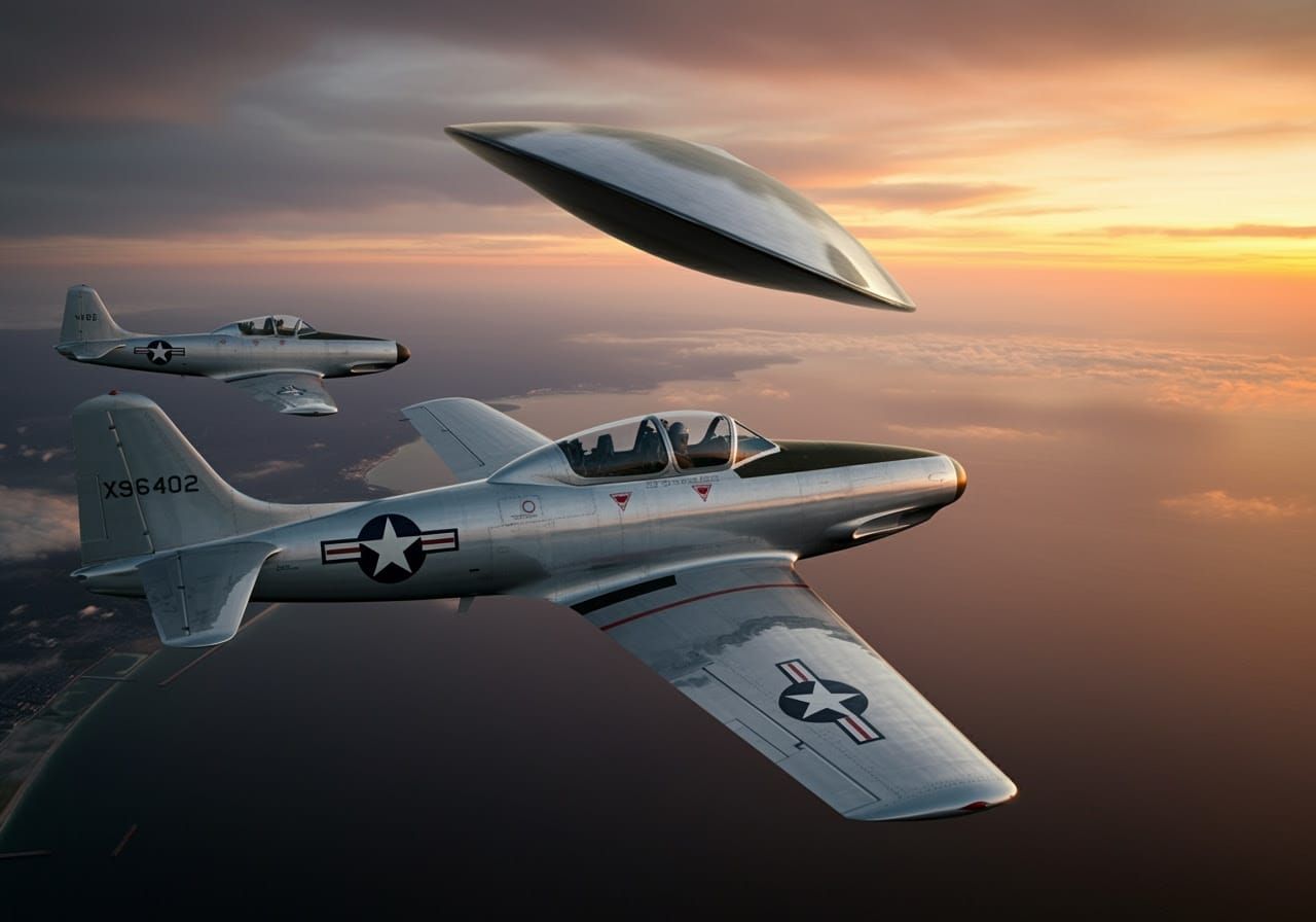 Vintage Pilots Encounter a Metallic Disc in Retro-Futuristic...