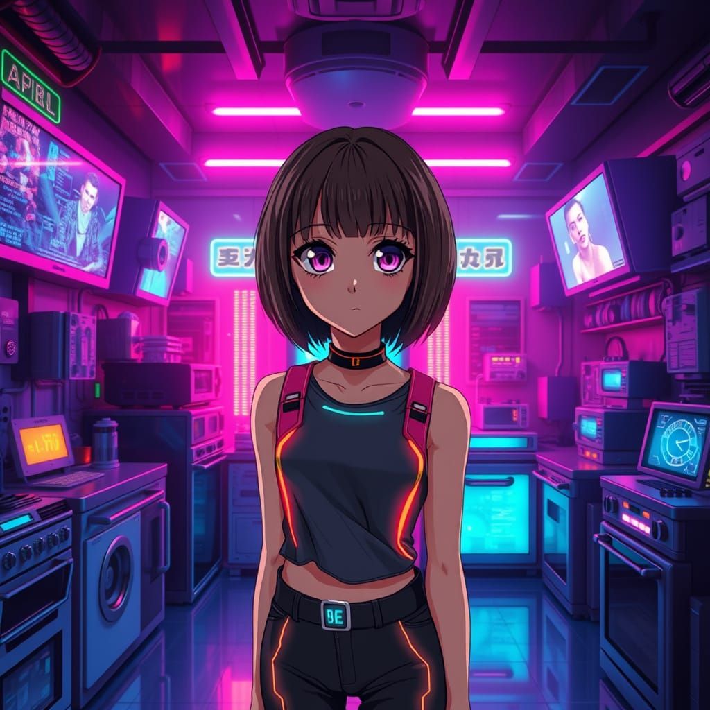 Futuristic Teenage Girl in Neon Cyberpunk Bedroom